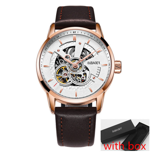 Simple Sport Style Semi Skeleton Men Automatic Watch with Leather Strap