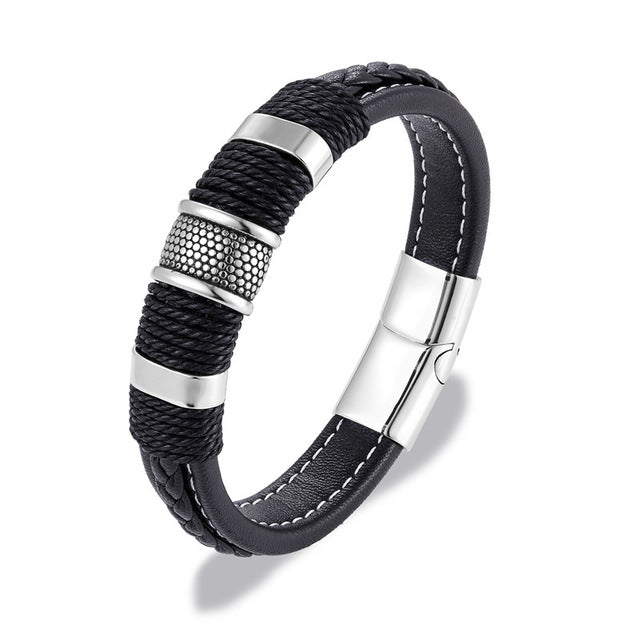 Multilayer Braid Genuine Leather Stainless Steel Magnetic Men Bracelets