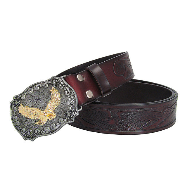 Eagle Totem Copper Smooth Buckle Men Vintage Style Leather Belt - FanFreakz