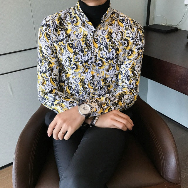 Full Contrast Baroque Pattern Men Long Sleeves Shirt