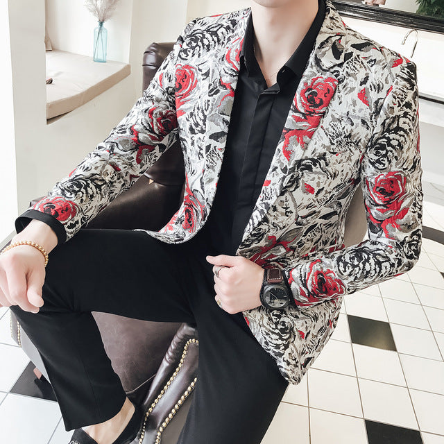 Rose in Contrast Print Men Slim Fit Velvet Blazer