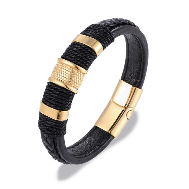 Multilayer Braid Genuine Leather Stainless Steel Magnetic Men Bracelets