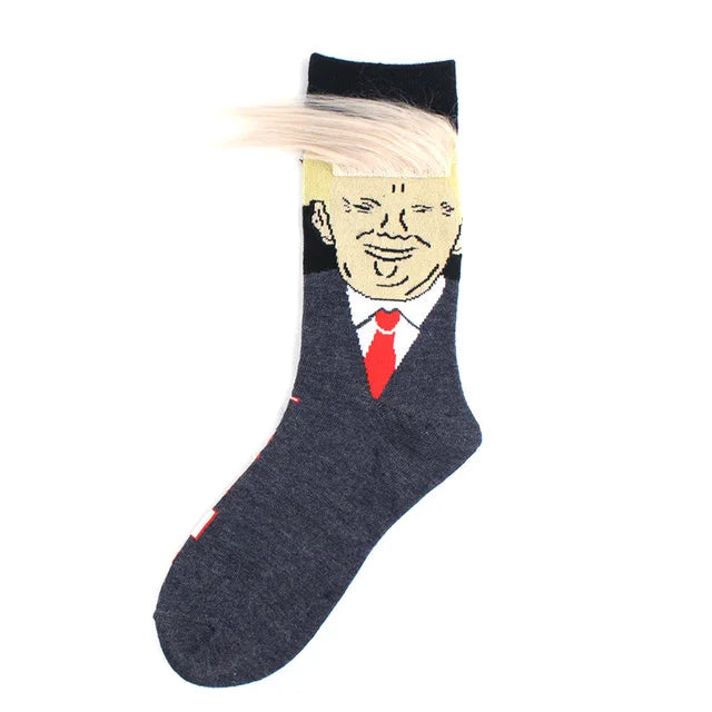 President Face With 3D Fake Hair Crew Socks