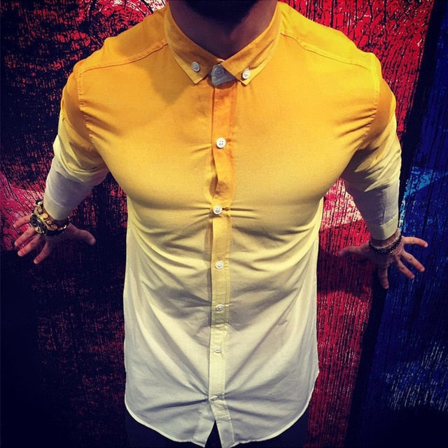 Gradient White Colorful Slim Fit Long Sleeve Men Shirt