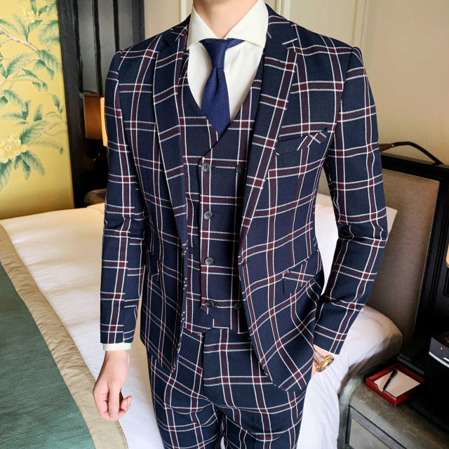 Vintage Plaid British Slim Fit 3 Pieces Style Men Suit