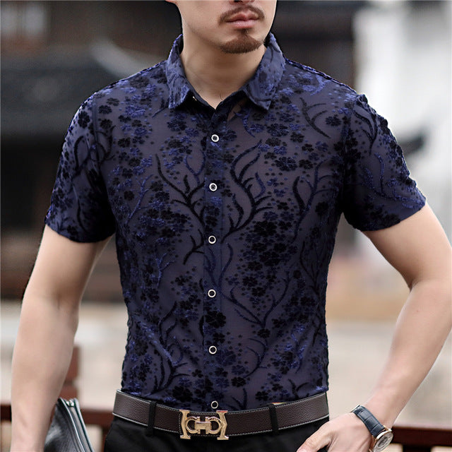 Small Floral Pattern Slim Fit Thin Semi See Through Men Shirt - FanFreakz