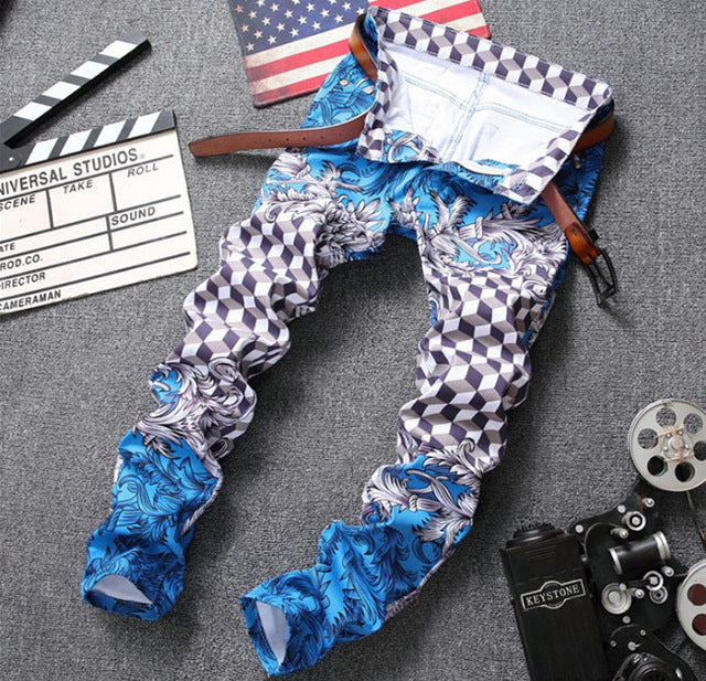 Colorful Print Pattern Men Slim Straight Jeans - FanFreakz