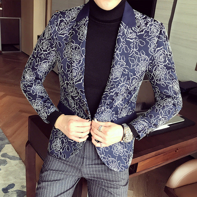 Dark Rose Jacquard Party Men Slim Fit Blazer - FanFreakz