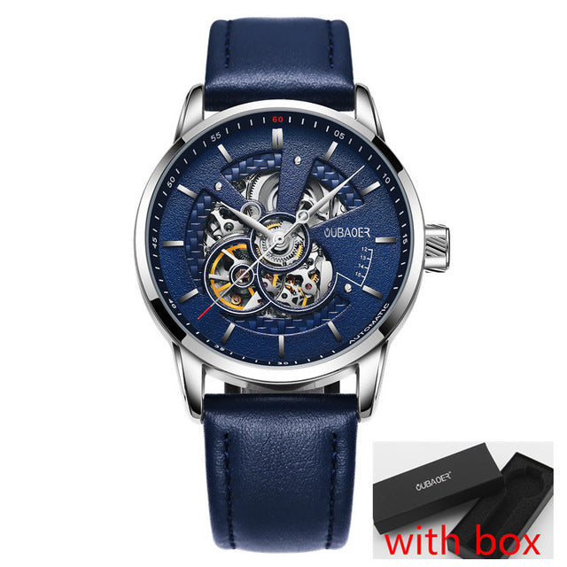 Simple Sport Style Semi Skeleton Men Automatic Watch with Leather Strap