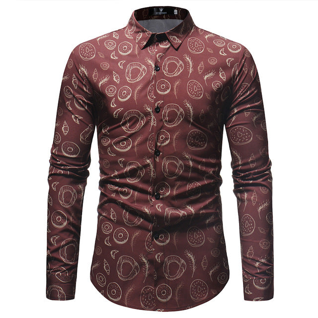 Donut Pattern Print Men Slim Fit Long Sleeves Shirt - FanFreakz