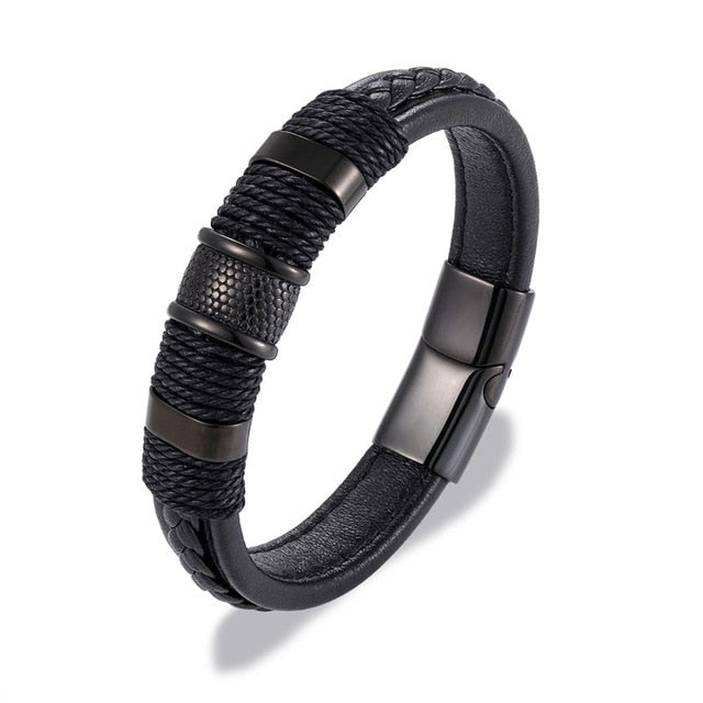 Multilayer Braid Genuine Leather Stainless Steel Magnetic Men Bracelets