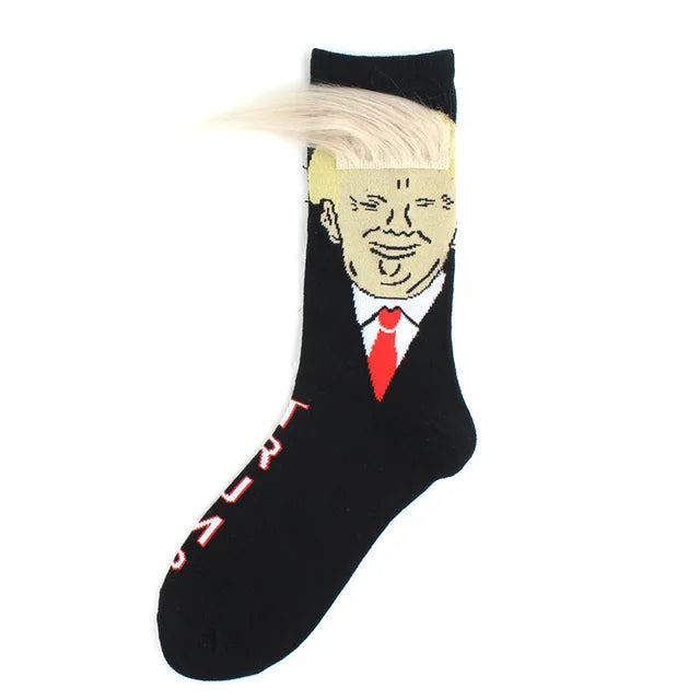 President Face With 3D Fake Hair Crew Socks