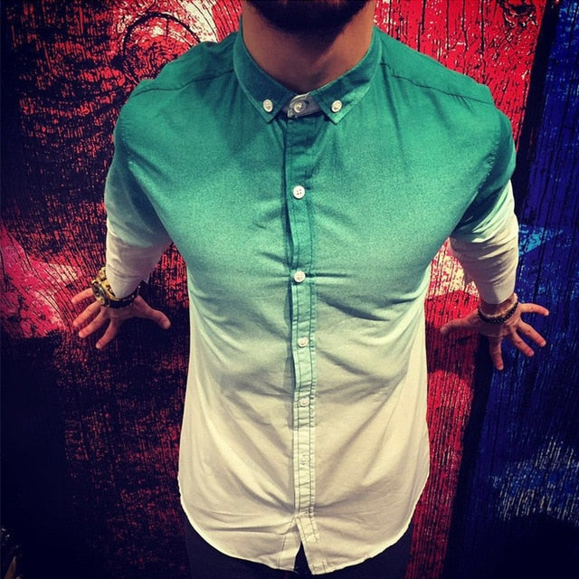 Gradient White Colorful Slim Fit Long Sleeve Men Shirt