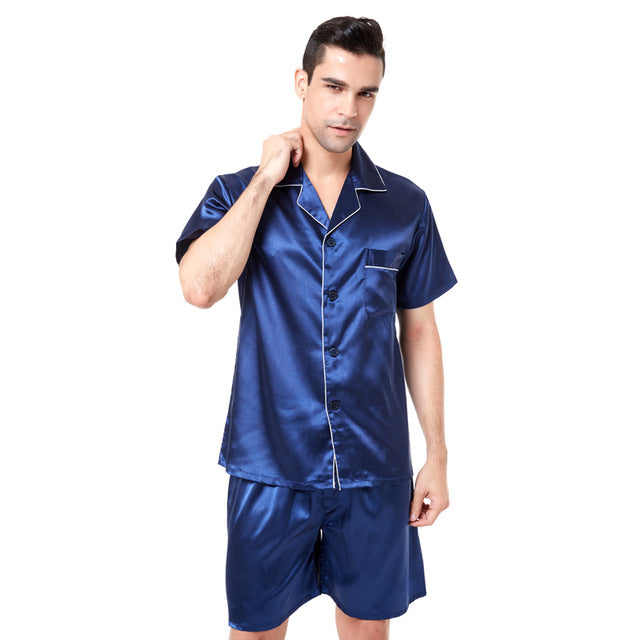Solid Color Fit Men Satin Silk Pajama Sets Short Sleeves Shirt and Pants