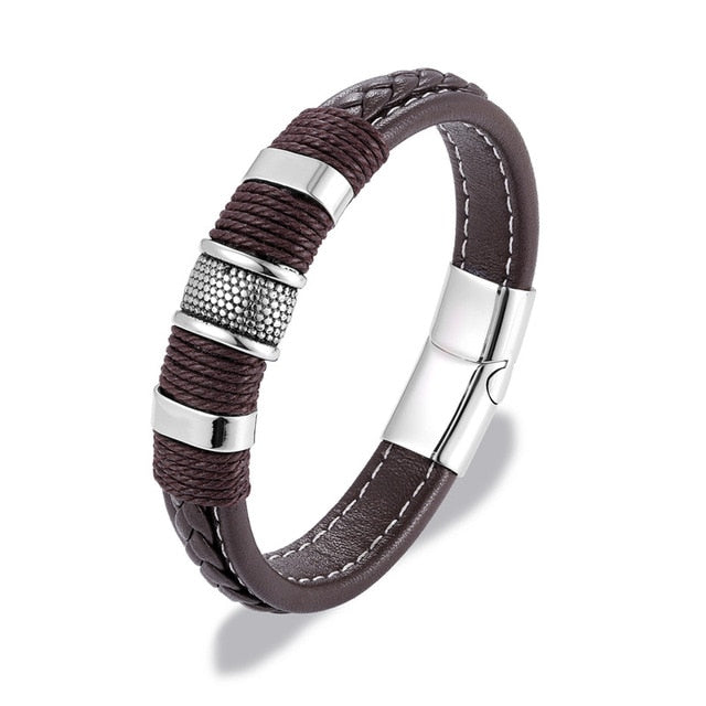 Multilayer Braid Genuine Leather Stainless Steel Magnetic Men Bracelets