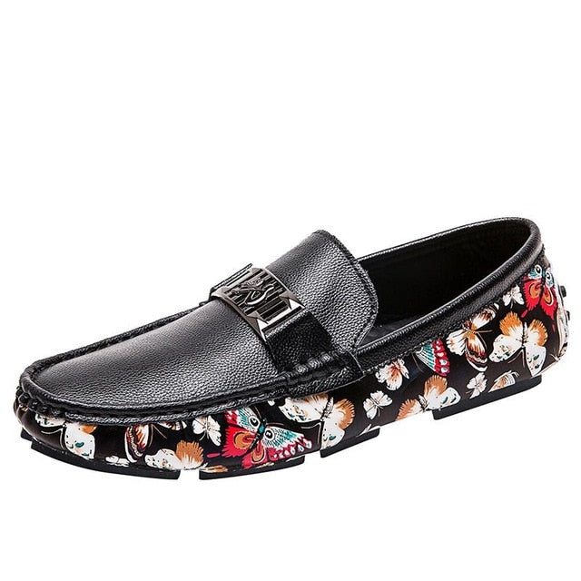 Butterfly Prints Men Leather Metal Buckled Loafers