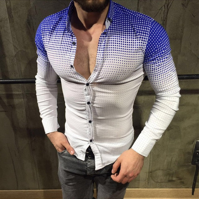 Gradient White Colorful Slim Fit Long Sleeve Men Shirt