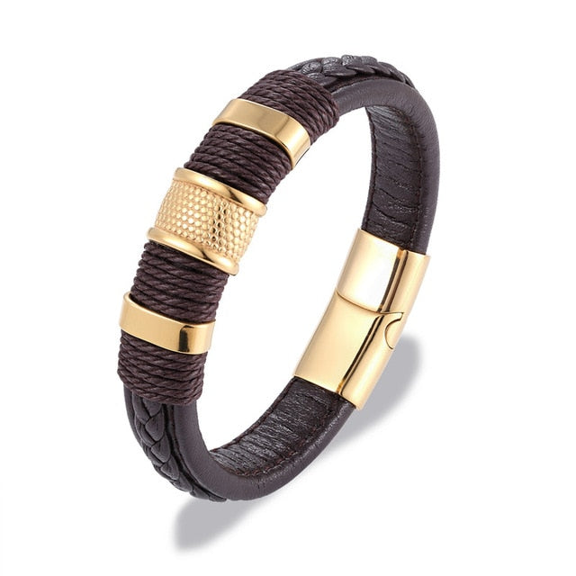 Multilayer Braid Genuine Leather Stainless Steel Magnetic Men Bracelets