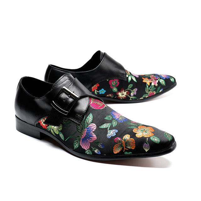Patchwork Leather and Embroidery Fabric Men Monk Strap Shoes