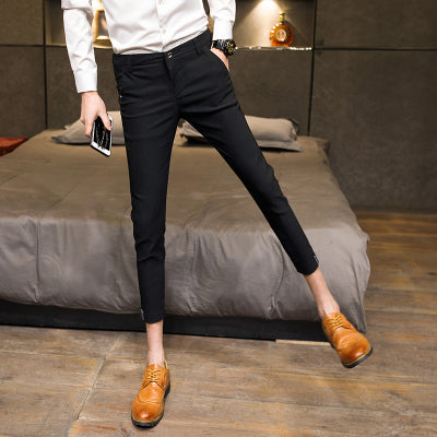 Solid Color Business Style Men Skinny Slim Fit Calf Trouser