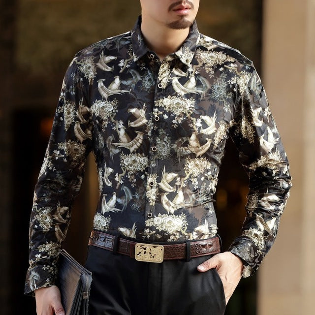 Gold Planting Bird Print Semi See Through Men Velvet Shirt