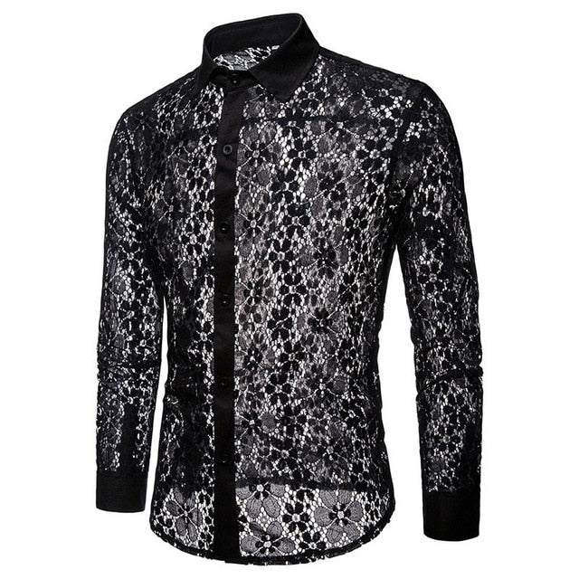 Luxury Floral Embroidery Lace See through Men Shirt