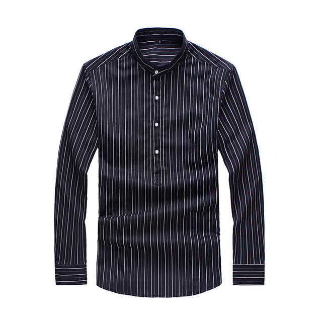 Mandarin Collar Cotton Stripes Design Men Slim Fit Long Sleeves Shirt