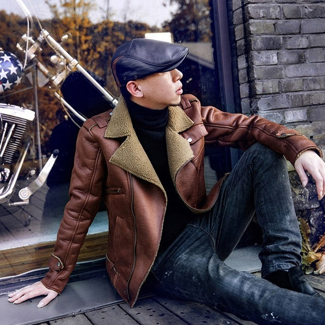 Vintage Biker Style Fleece/Faux Fur Lapel Men Faux Leather Jacket