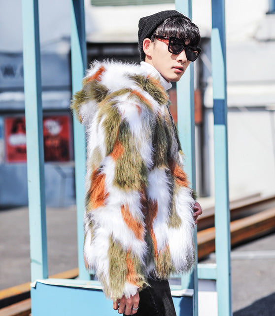 Green White Brown Camo Men Fur Jacket with Hoodie