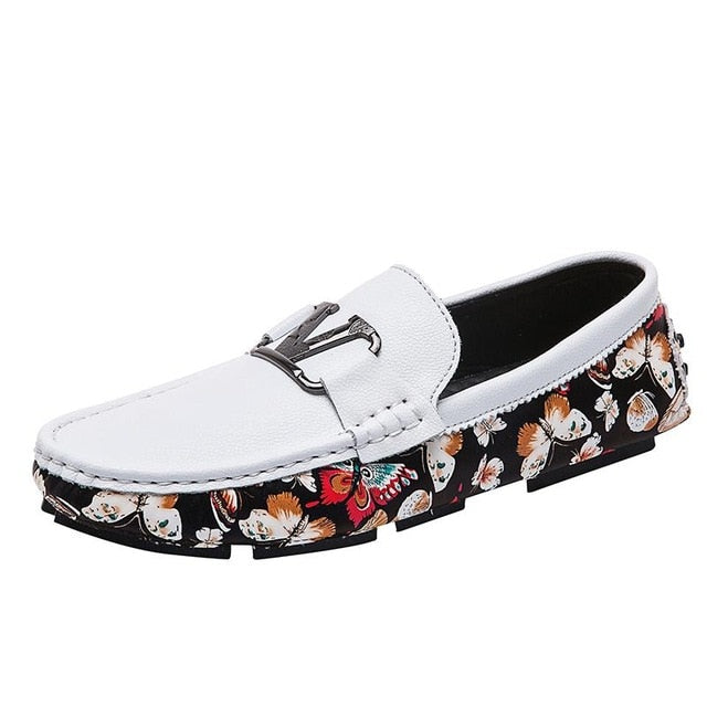 Butterfly Prints Men Leather Metal Buckled Loafers