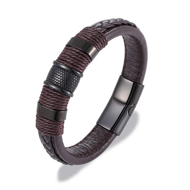 Multilayer Braid Genuine Leather Stainless Steel Magnetic Men Bracelets