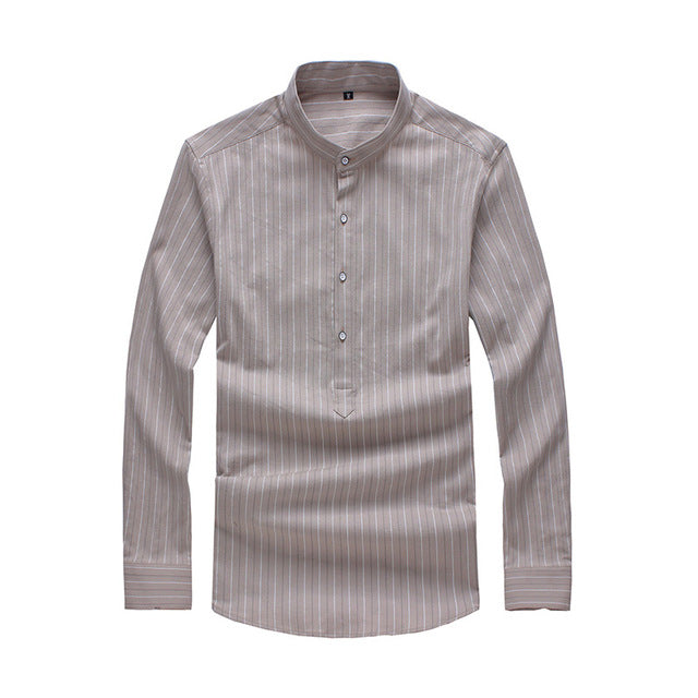 Mandarin Collar Cotton Stripes Design Men Slim Fit Long Sleeves Shirt