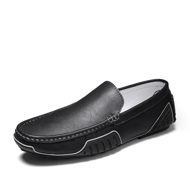 Solid V Letter Appliques Leather Loafers