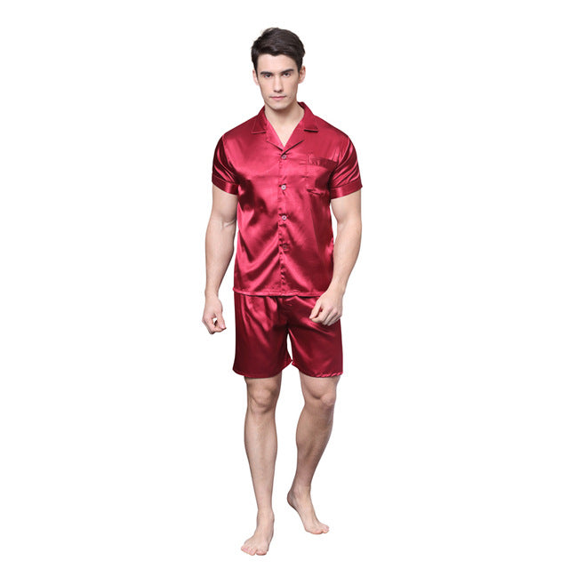 Solid Color Fit Men Satin Silk Pajama Sets Short Sleeves Shirt and Pants