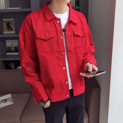 Ripped Sleeves Two Pockets Men Button Closure Denim Jacket