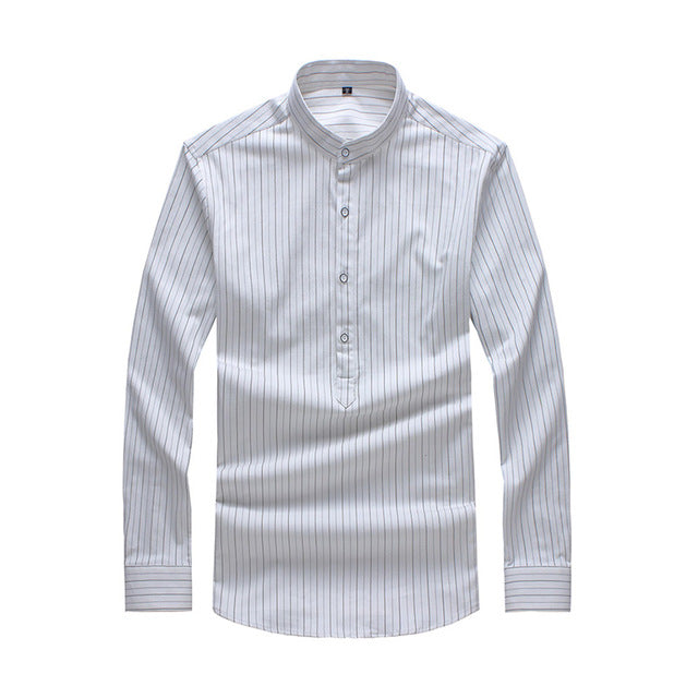 Mandarin Collar Cotton Stripes Design Men Slim Fit Long Sleeves Shirt