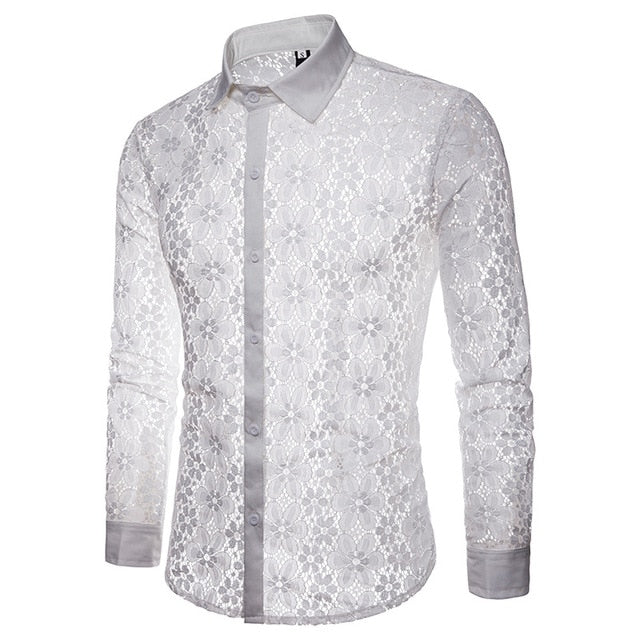 Luxury Floral Embroidery Lace See through Men Shirt