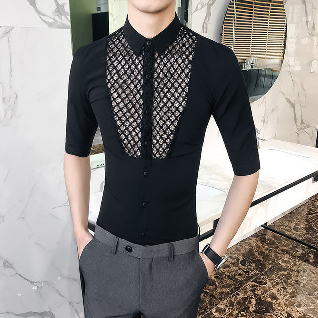 Chest Lace Details Men Slim Fit Short Sleeves Shirts - FanFreakz