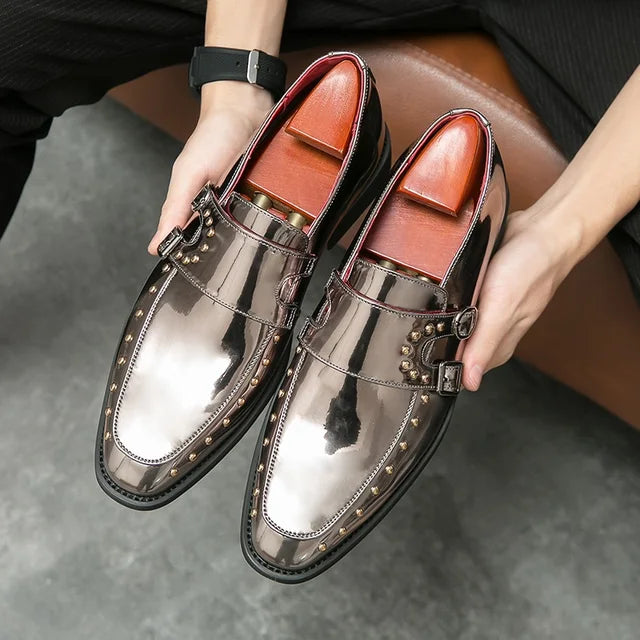 Shiny Color Rivet Leather Monk Shoes