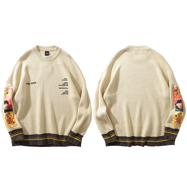Cream Van Gogh Painting Printed Pullover Sweater