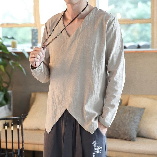 Chinese Asymmetric Lining Tied Long Sleeve Casual Style Men Shirts