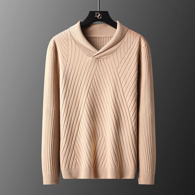 Solid Color Diagonal Knitted V-Neck Sweater