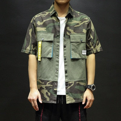 Cotton Double Pocket Trendy Camouflage Men Short Sleeves Shirts