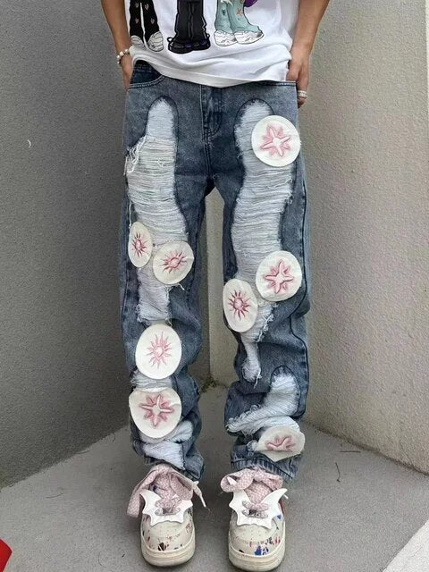 Embroidery Patchwork Ripped Jeans