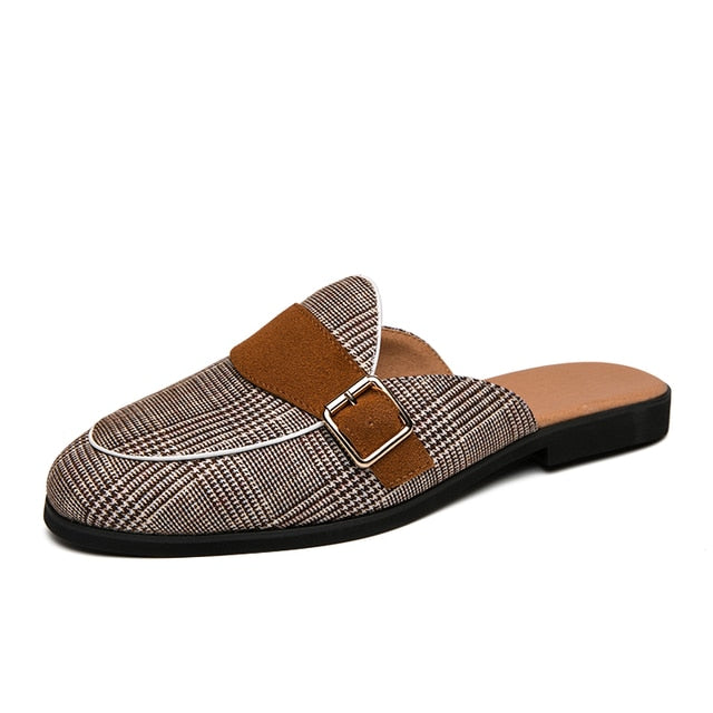 Flat Plaid Canvas Mules Shoes
