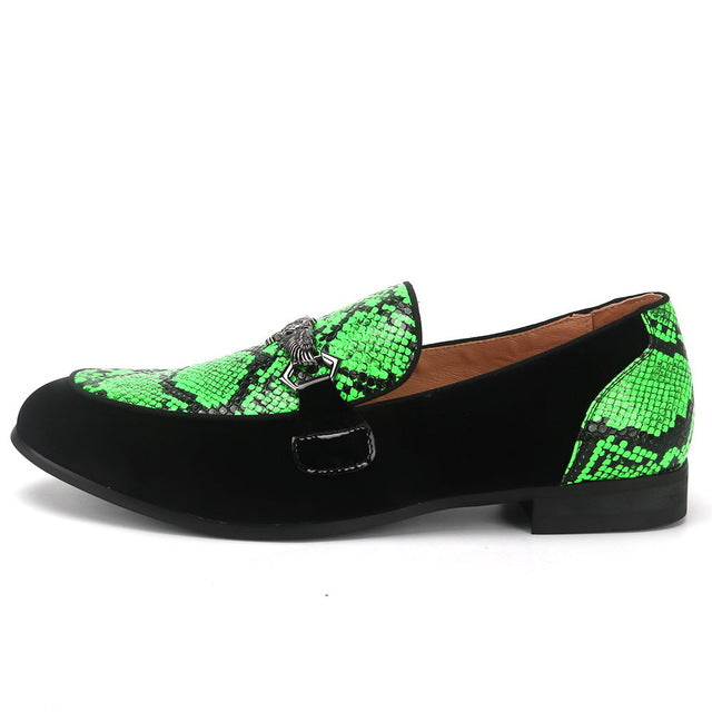 Black Green Snake Pattern Men Loafers Shoes