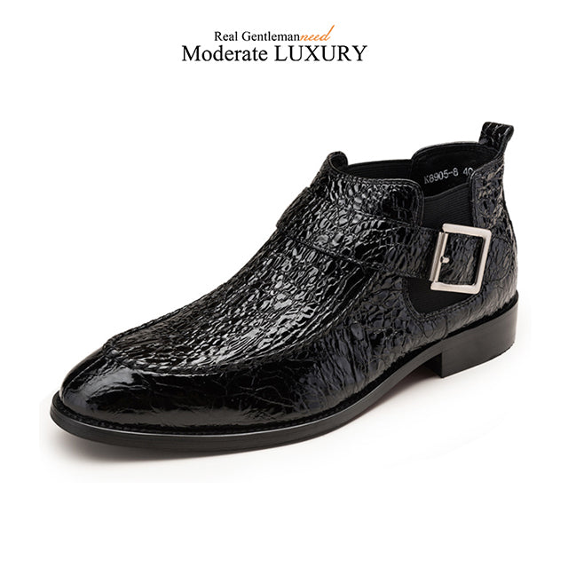 Pointed Toe Croco Pattern with Pin Buckle Design Men Ankle Boot