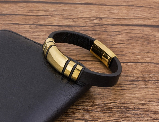 Genuine Leather Gold Stainless Steel Clasp Bracelet