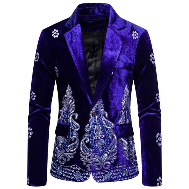 Unique Luxury Costume Stage Embroidered Velvet One Button Style Men Blazer