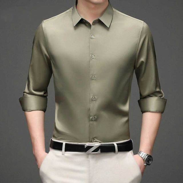 Solid Polyester Turn-Down Collar Men's Shirt